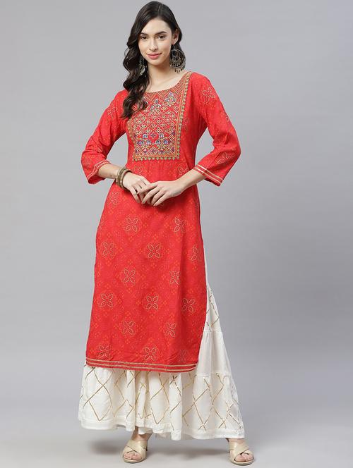 red embroidered a-line kurta - 19129052 - Very Small Image - 1