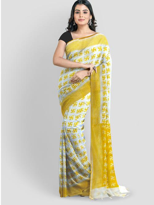 women's typographic yellow colored saree with blouse - 19130197 - Very Small Image - 1