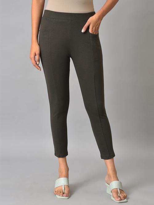 brown solid full length jeggings - 19130709 - Very Small Image - 1