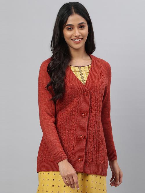 v neck self design cardigan - 19130811 - Very Small Image - 1