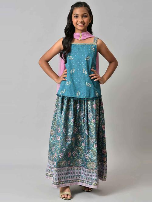 green polyester kurta skirt suit set - 19130987 - Very Small Image - 1