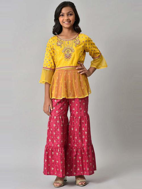 yellow viscose kurta palazzo suit set - 19131006 - Very Small Image - 1