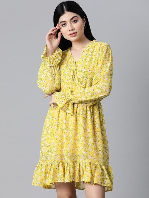 yellow printed fit & flare dress - 19131050 - Very Small Image - 1