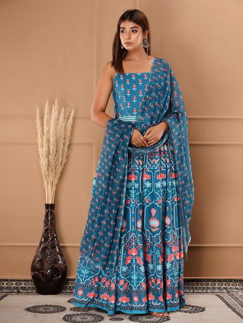 green printed fit & flare gown - 19131265 - Very Small Image - 1