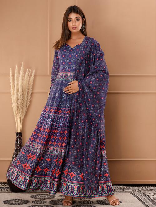 blue printed fit & flare gown - 19131279 - Very Small Image - 1
