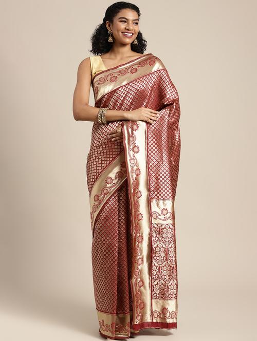 maroon silk banarasi saree with blouse - 19131374 - Very Small Image - 1