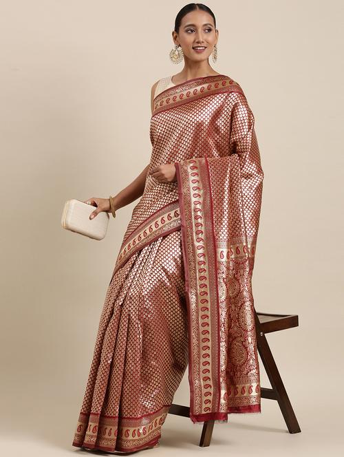 maroon silk banarasi saree - 19131386 - Very Small Image - 1