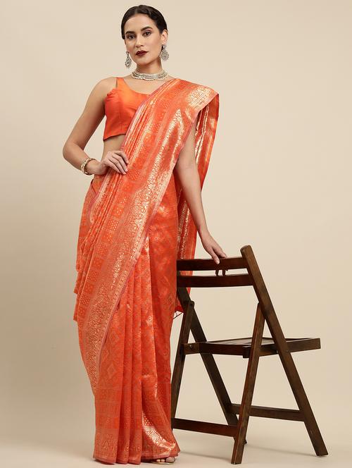 orange silk banarasi saree with blouse - 19131397 - Very Small Image - 1