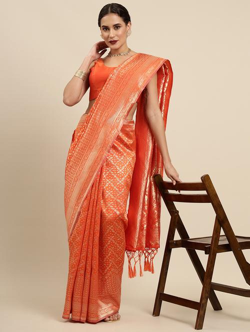 orange silk banarasi saree with blouse - 19131407 - Very Small Image - 1