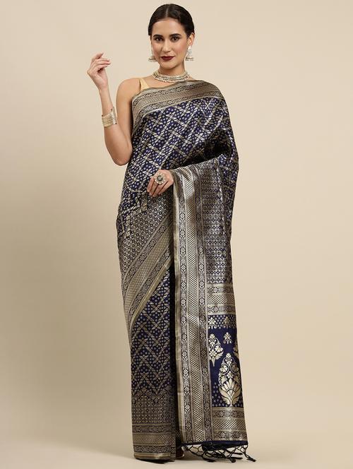 navy silk banarasi saree with blouse - 19131408 - Very Small Image - 1
