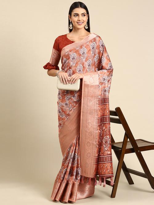 orange silk printed saree with blouse - 19131432 - Very Small Image - 1