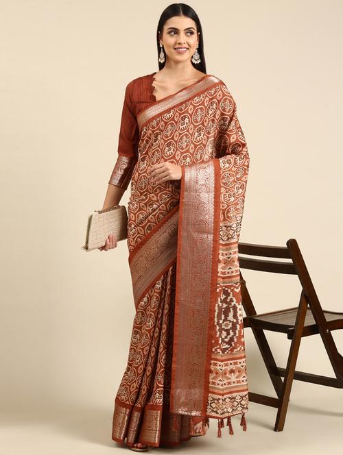 orange silk printed saree with blouse - 19131439 - Very Small Image - 1