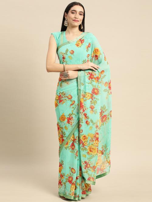 light green georgette printed saree with blouse - 19131449 - Very Small Image - 1