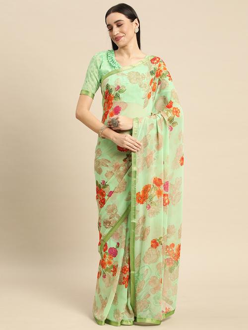 green georgette printed saree - 19131451 - Very Small Image - 1