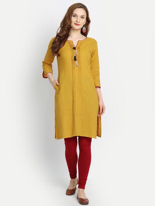 mustard cotton straight kurta - 19131949 - Very Small Image - 1