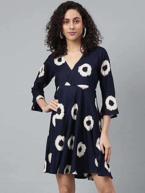 blue printed fit & flare dress - 19138441 - Very Small Image - 1