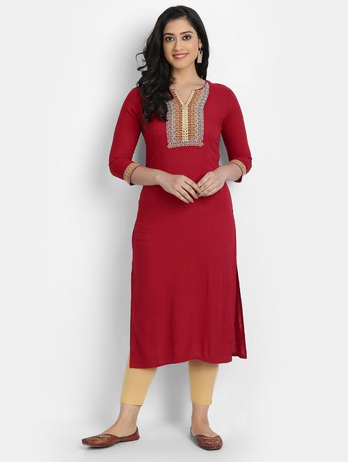 red ebroidered straight kurta - 19141830 - Very Small Image - 1