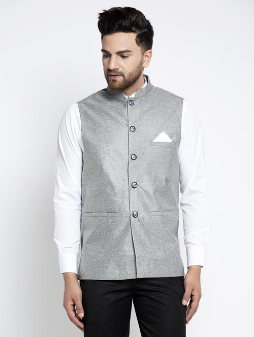 grey cotton nehru jacket - 19142974 - Very Small Image - 1