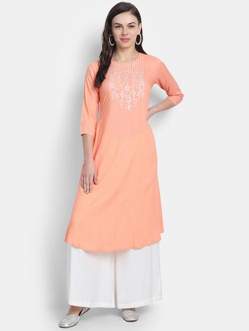 peach embroidered straight kurta - 19144970 - Very Small Image - 1