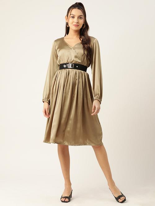 overlap neck solid a-line dress - 19145039 - Very Small Image - 1