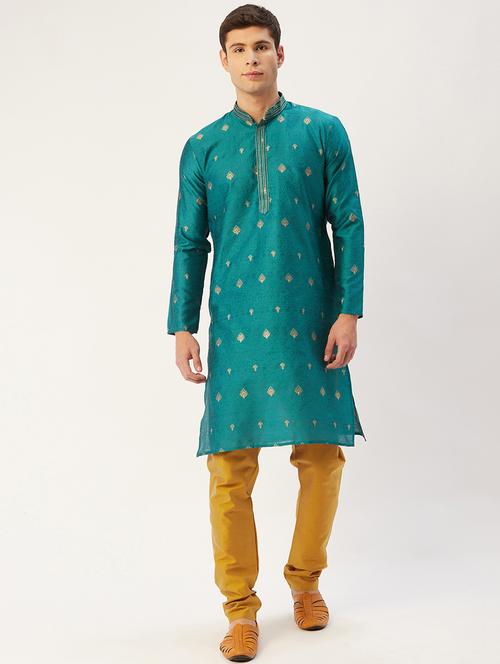 teal silk blend kurta pyjama ethnic wear - 19148500 - Very Small Image - 1