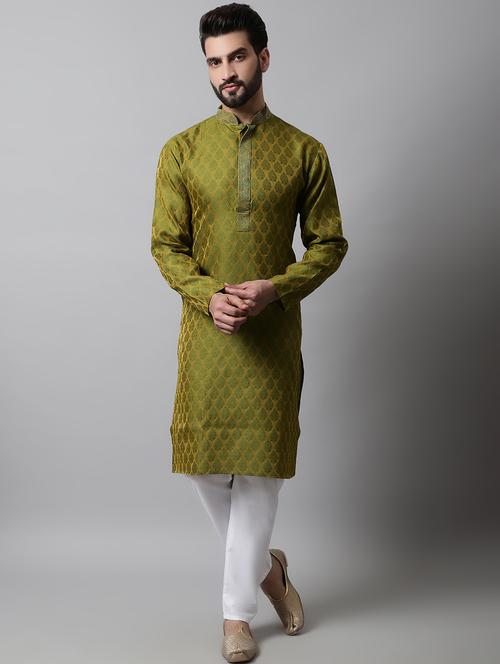 olive silk blend kurta pyjama ethnic wear - 19148640 - Very Small Image - 1