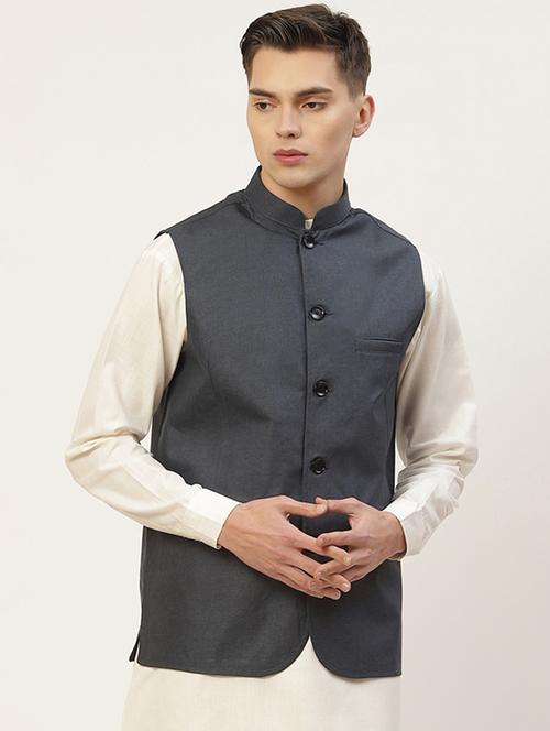 mandarin neck solid nehru jacket - 19148809 - Very Small Image - 1