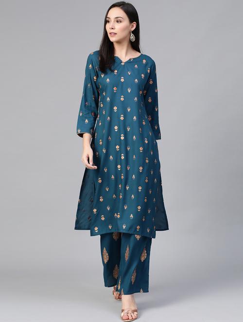 teal rayon kurta salwar set - 19148997 - Very Small Image - 1