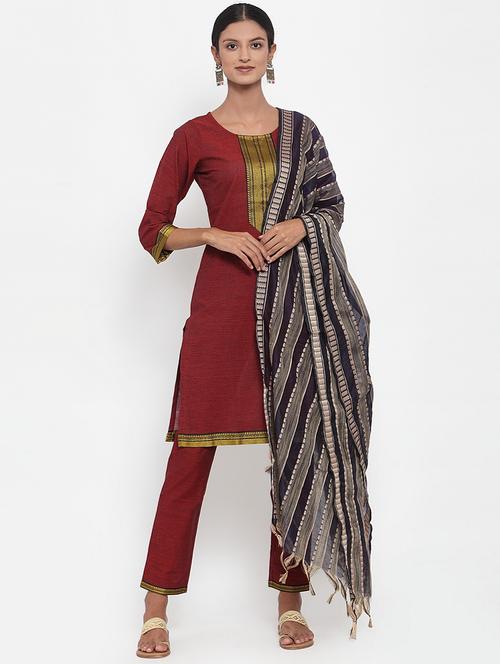 maroon self design kurta salwar set - 19149096 - Very Small Image - 1