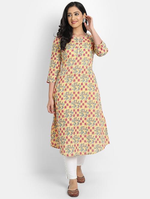 yellow printe a-line kurta - 19158088 - Very Small Image - 1