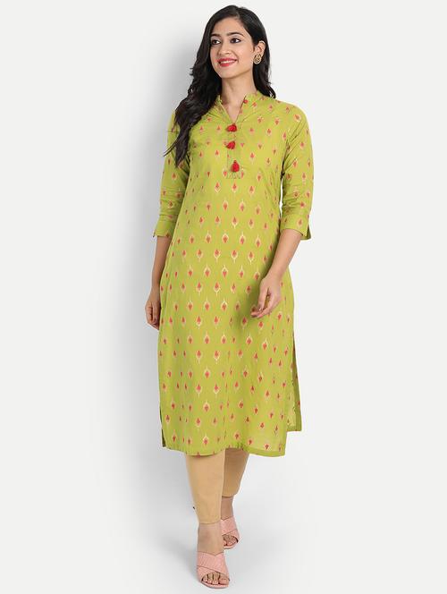 olive ikat printed straight kurta - 19158098 - Very Small Image - 1