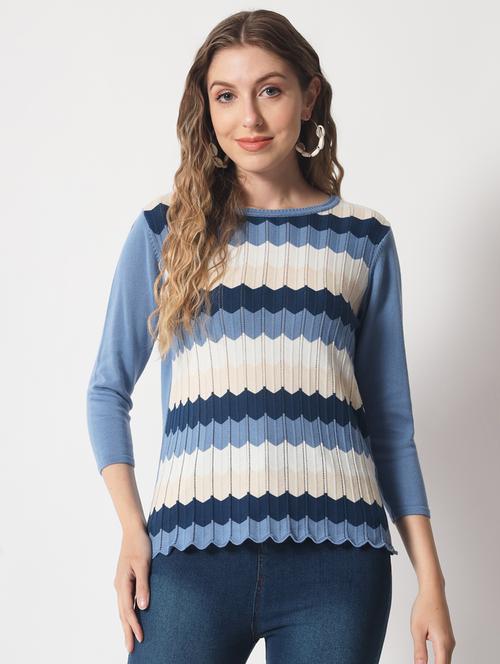 round neck self design pullover - 19158894 - Very Small Image - 1