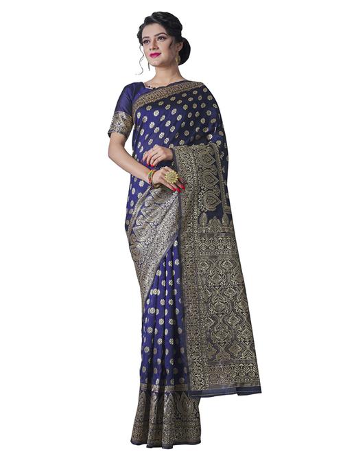 dark blue silk kanjivaram saree with blouse - 19161160 - Very Small Image - 1