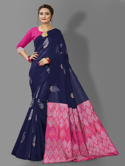 dark blue silk kanjivaram saree with blouse - 19161180 - Very Small Image - 1