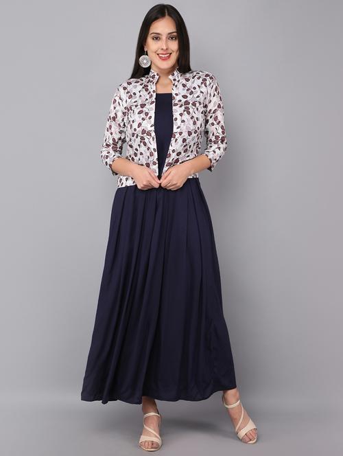 navy blue printed fit & flare ethnic dress - 19162826 - Very Small Image - 1