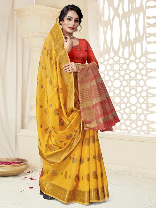 yellow jacquard saree with blouse - 19163340 - Very Small Image - 1