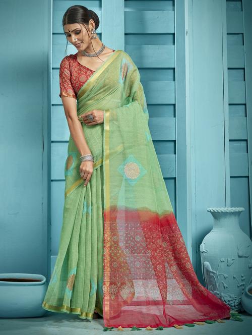 contrast bordered printed saree with blouse - 19163354 - Very Small Image - 1