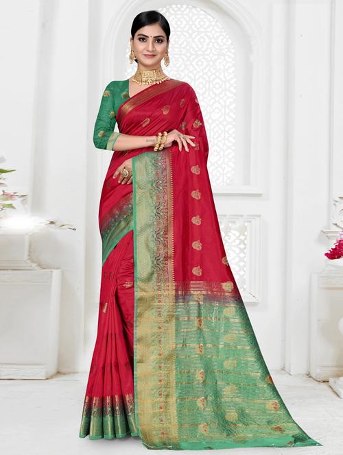 red jacquard saree - 19163415 - Very Small Image - 1