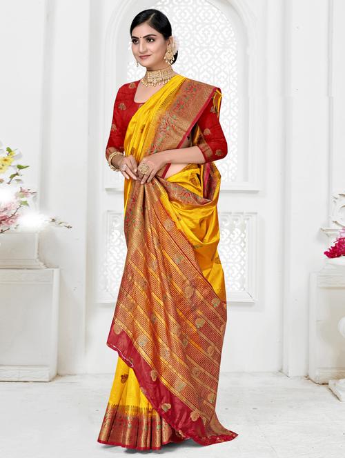 yellow jacquard saree with blouse - 19163418 - Very Small Image - 1