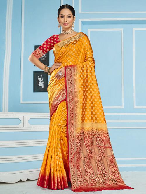 yellow jacquard saree with blouse - 19163438 - Very Small Image - 1