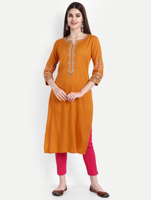 orange solid a-line kurta - 19165371 - Very Small Image - 1