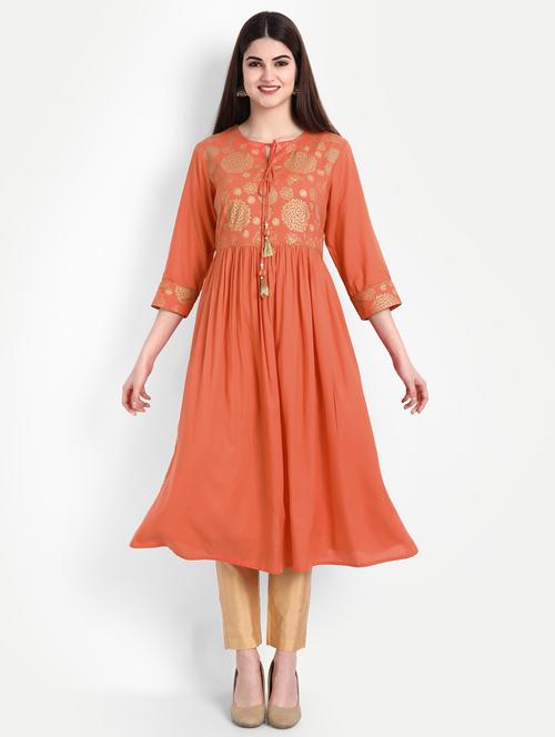 orange foil print flared kurta - 19165375 - Very Small Image - 1