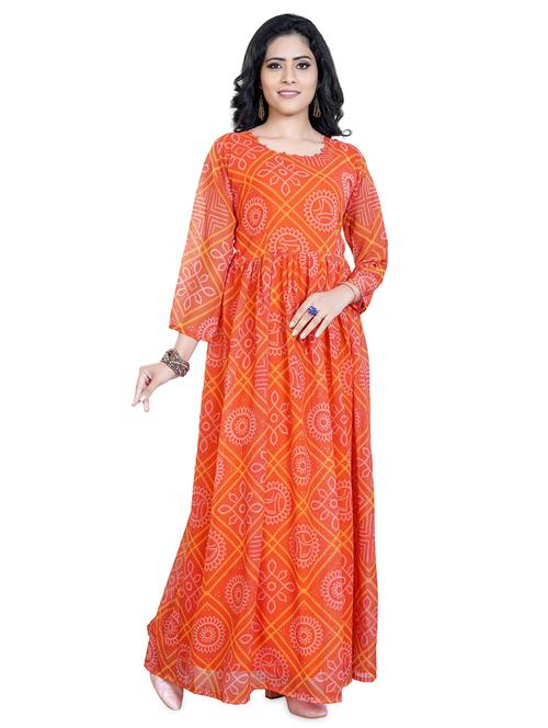 orange printed fit & flare gown - 19165618 - Very Small Image - 1