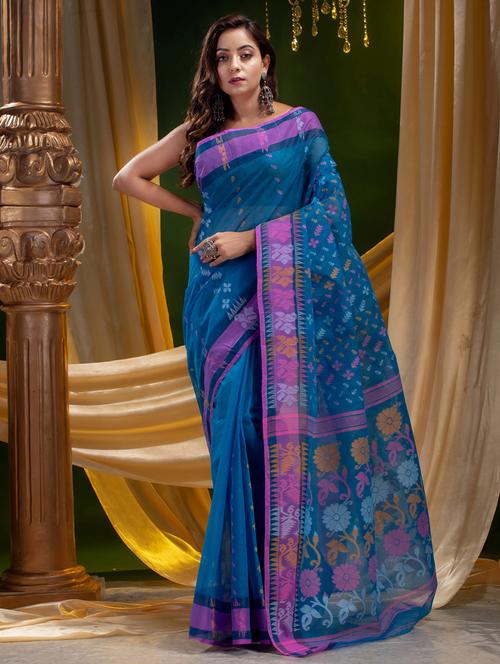 turquoise cotton handloom saree - 19167549 - Very Small Image - 1