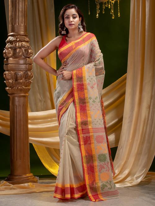 beige handloom saree - 19167550 - Very Small Image - 1