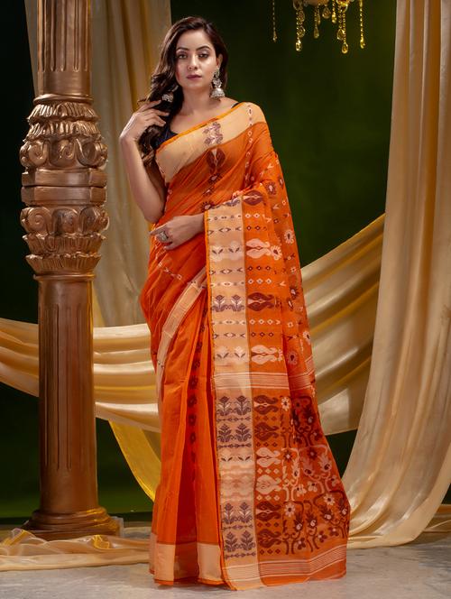 orange cotton handloom saree - 19167554 - Very Small Image - 1