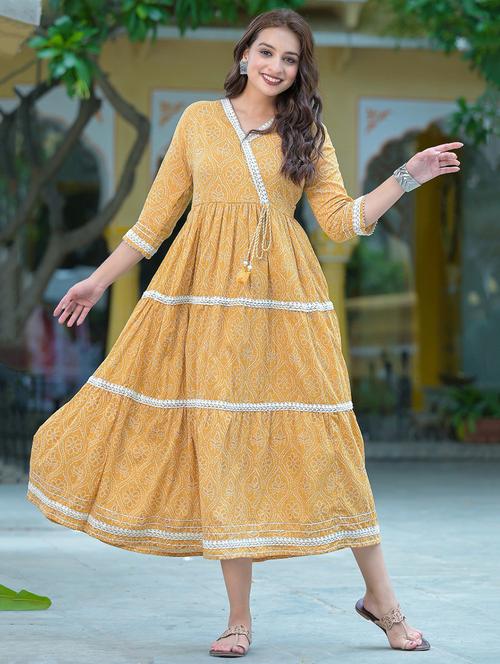 yellow flared printed kurta - 19169652 - Very Small Image - 1