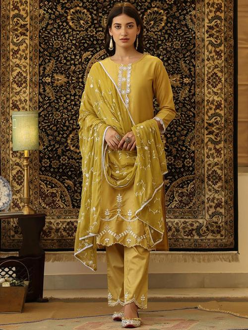 embroidered mustard kurta dupatta set - 19169728 - Very Small Image - 1
