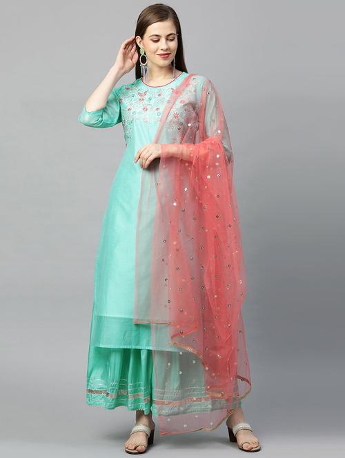 embroidered green kurta dupatta set - 19169729 - Very Small Image - 1