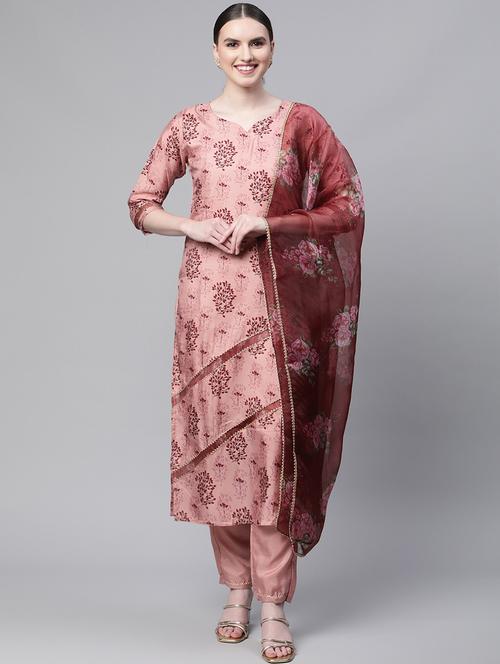 peach printed chiffon straight kurta - 19169792 - Very Small Image - 1